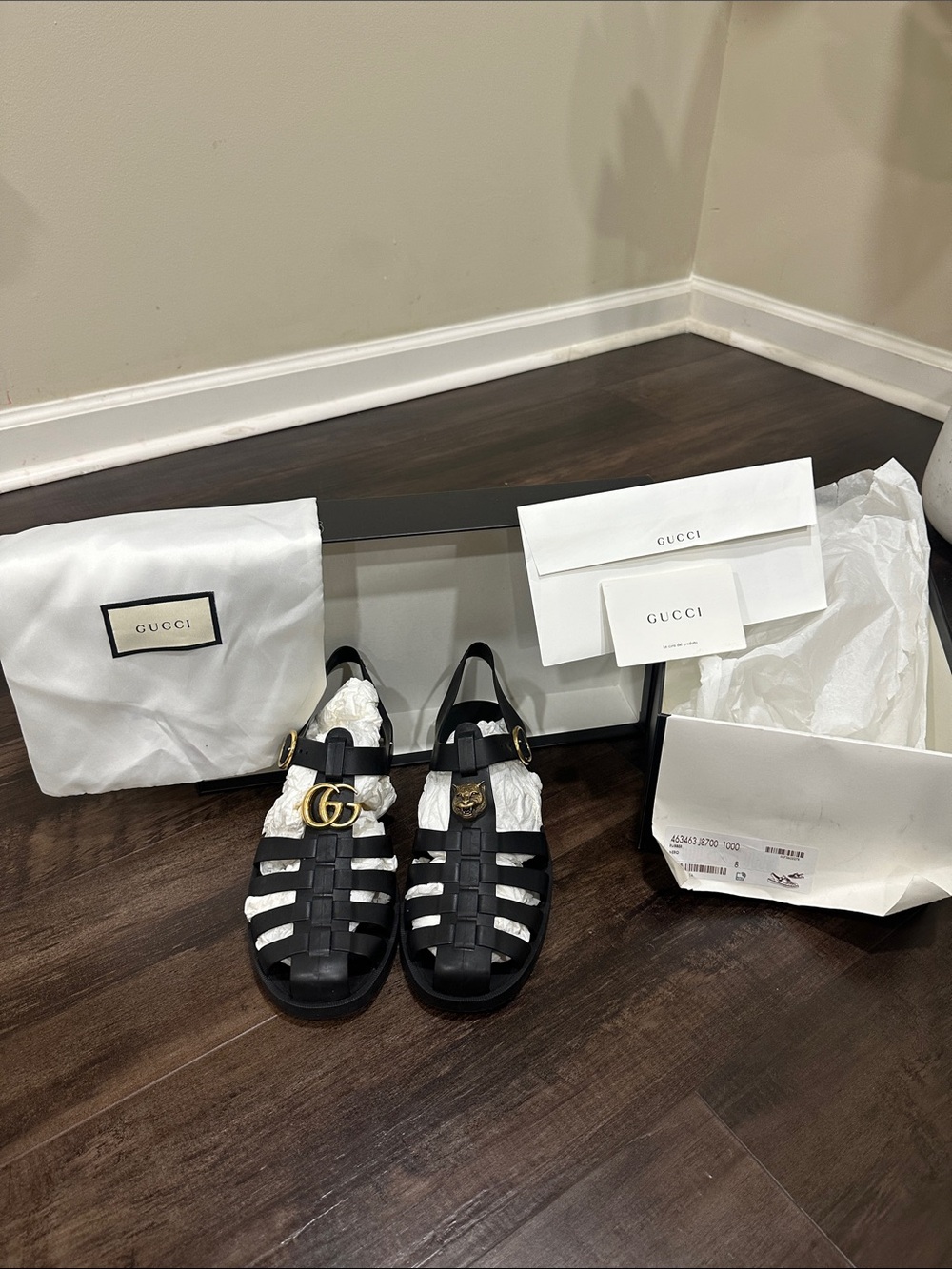 Gucci Black Leather Fisherman Sandals with Gold GG and Lion Details
